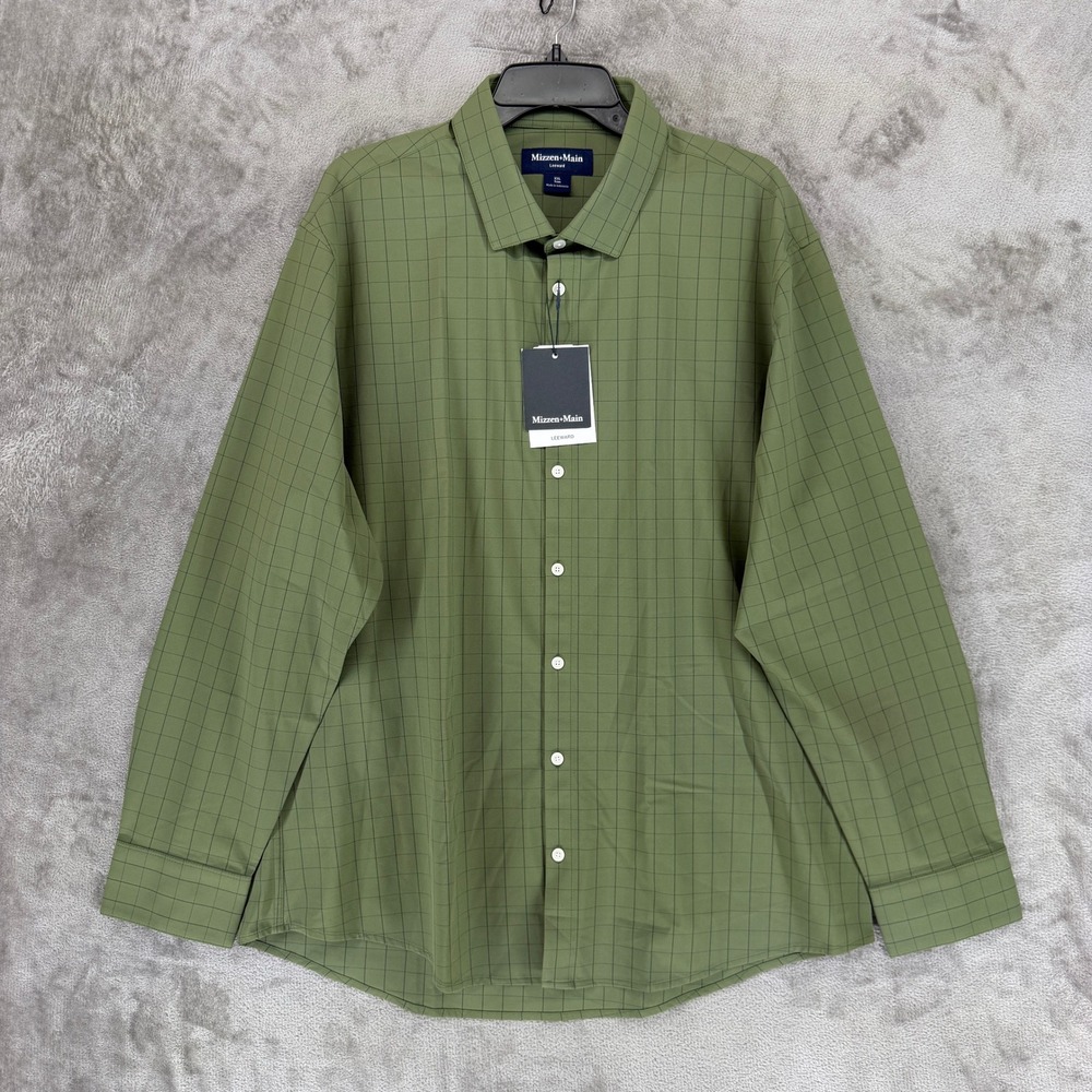 Mizzen+Main Dress Shirt Mens XXL Dark Green Leeward Trim Fit Grid 1WS-1319 NWT